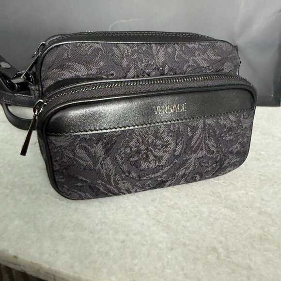 Versace 1012856 Black Jacquard and Leather Shoulder Bag - Picture 1 of 16